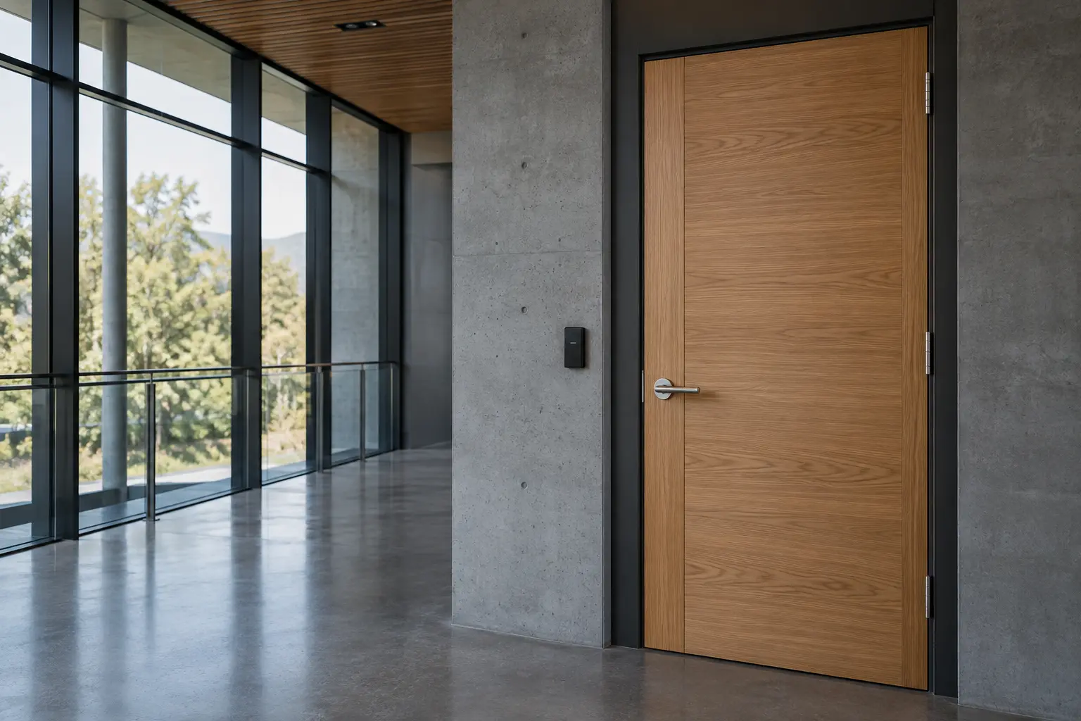 Illustrative contemporary entrance with wooden door, stainless-steel lever and wall-mounted access reader