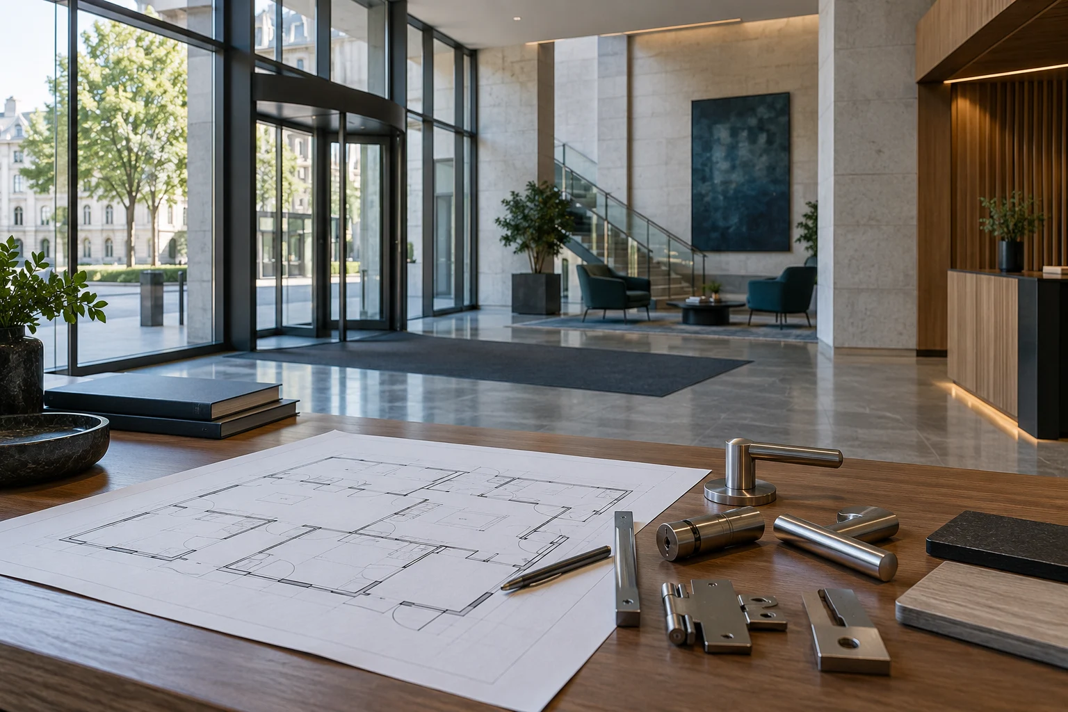 Table de planification illustrative avec plans et équipements de porte dans le hall d’un bâtiment public contemporain