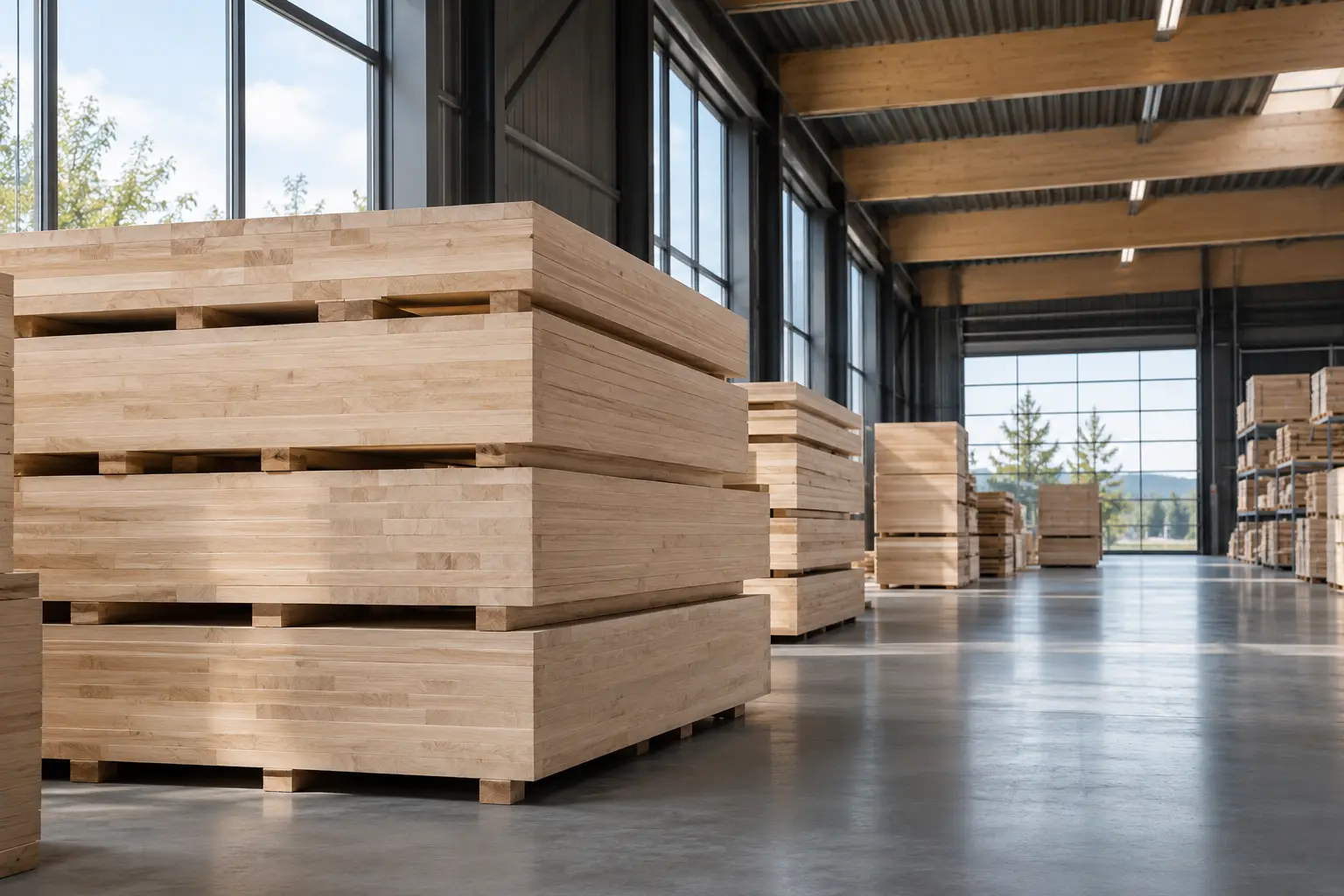 Illustrative timber warehouse with neatly stacked wood panels and natural daylight