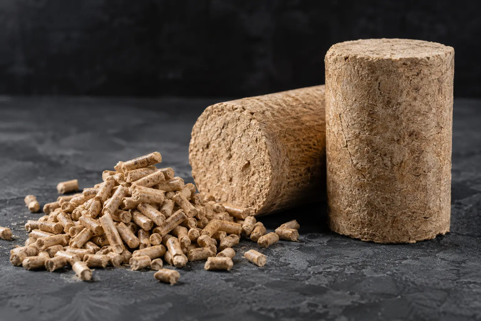 Illustrativ Duerstellung vu lockeren Holzpellets a gepressten Holzbriketten