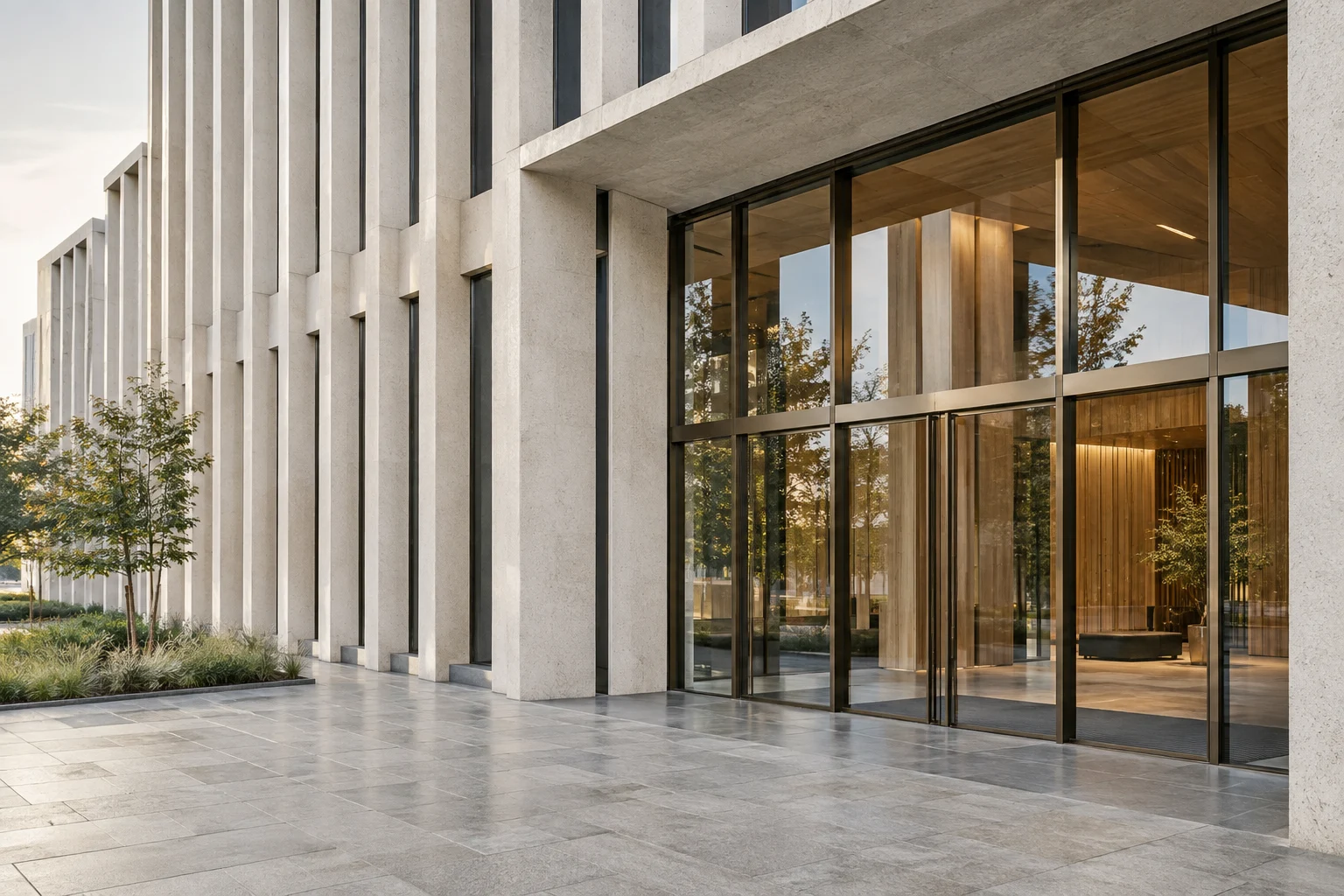 Illustrative architectural view of a modern entrance with concrete, glass and warm timber